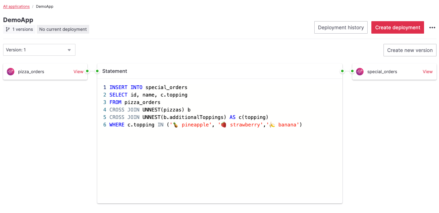 Application landing page with a view of the source table, SQL statement, and sink table