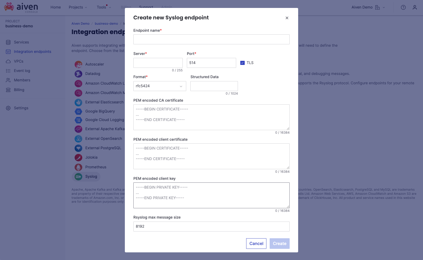 &quot;Create new Syslog endpoint&quot; dialog
